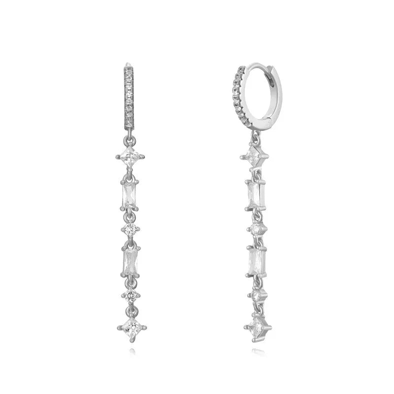 Geometric U-shaped sterling silver alloy ear clips with colourful zircon stones and tassel design
