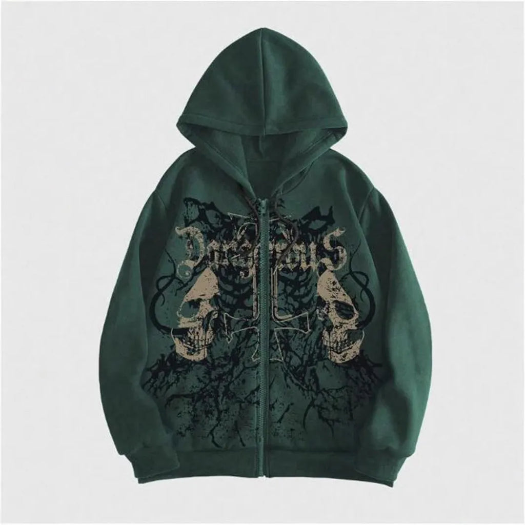 Black men's hooded sweatshirt with a white skull hot stamp print on the chest.
