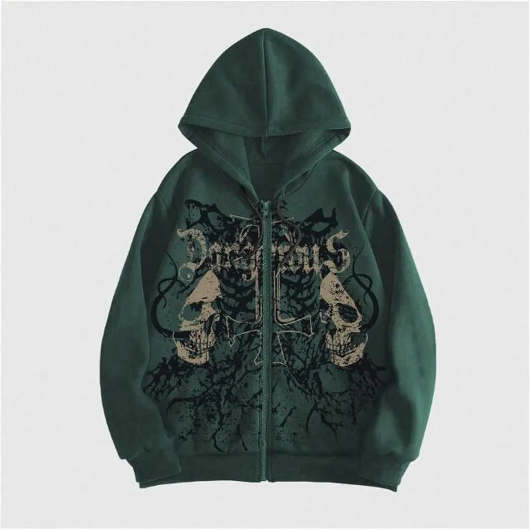Black men's hooded sweatshirt with a white skull hot stamp print on the chest.