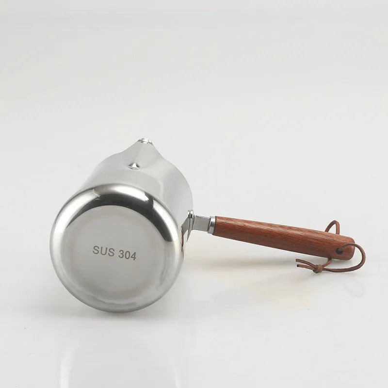 Stainless steel coffee cup with volume measurement scale and wooden handle in three capacity sizes