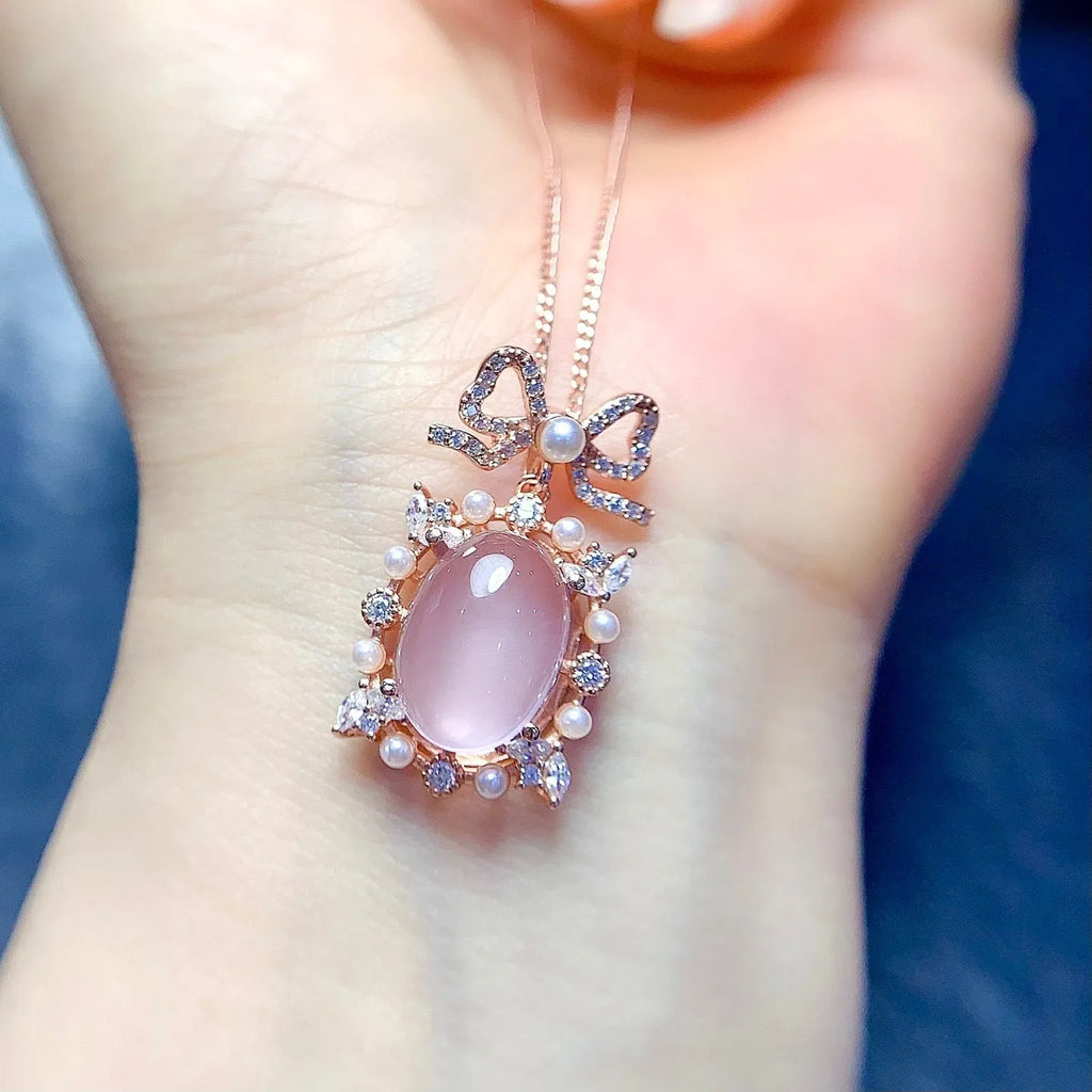 Geometric rose quartz pendant necklace with 925 silver and rose gold plating