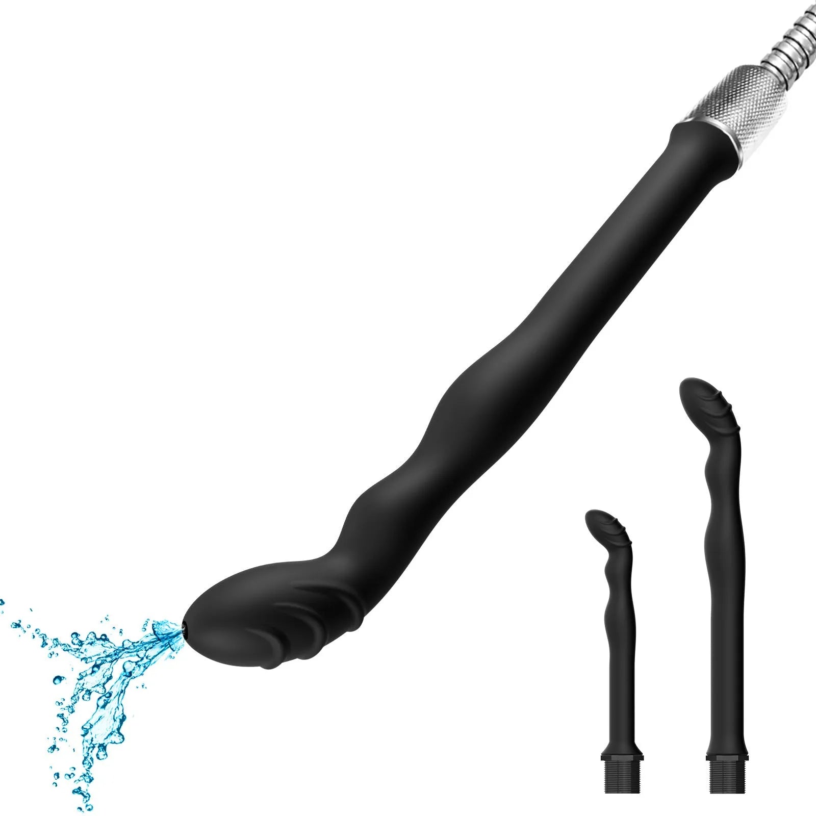 Black silicone hosepipe flusher cleaning kit with enema attachment on a plain background