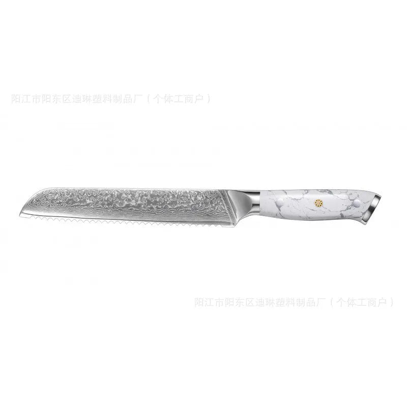 Damascus pattern VG10 steel combined chef knife with 21cm blade on wooden surface