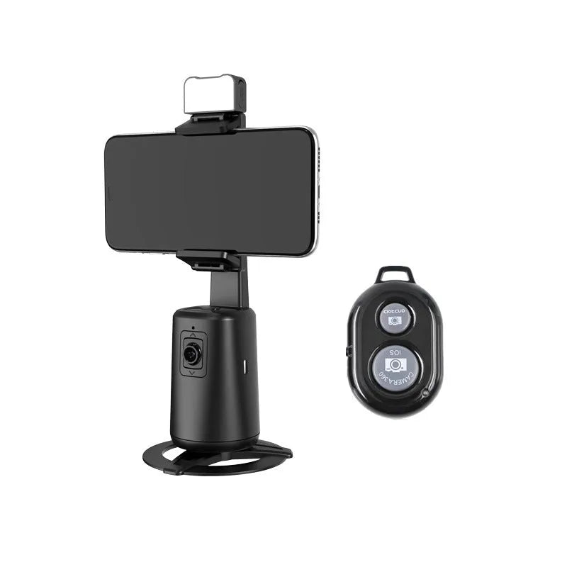 Black desktop phone bracket with LED ribbon lights showing rotating camera head and remote control