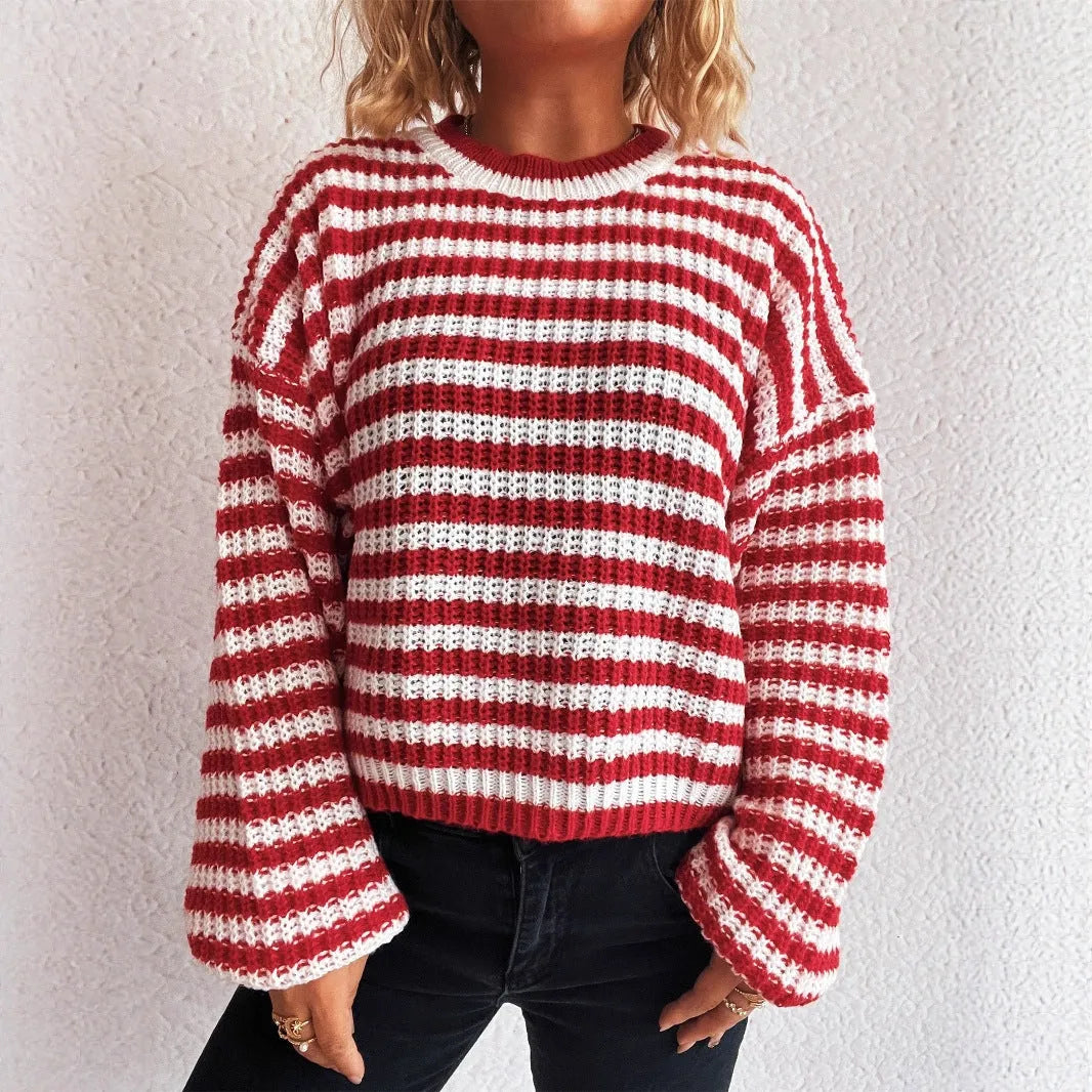 Women's vintage stripe knitted top with round neck and long sleeves in loose fit polyester fabric