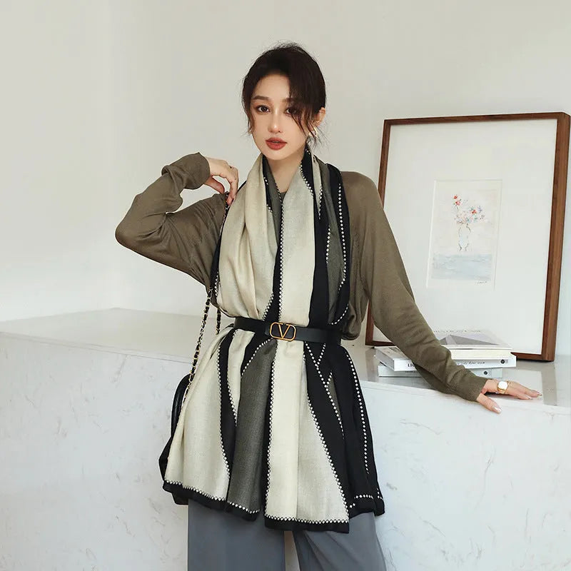 Elegant printed polyester scarf for women, shown in a style option, measuring 90cm by 180cm.
