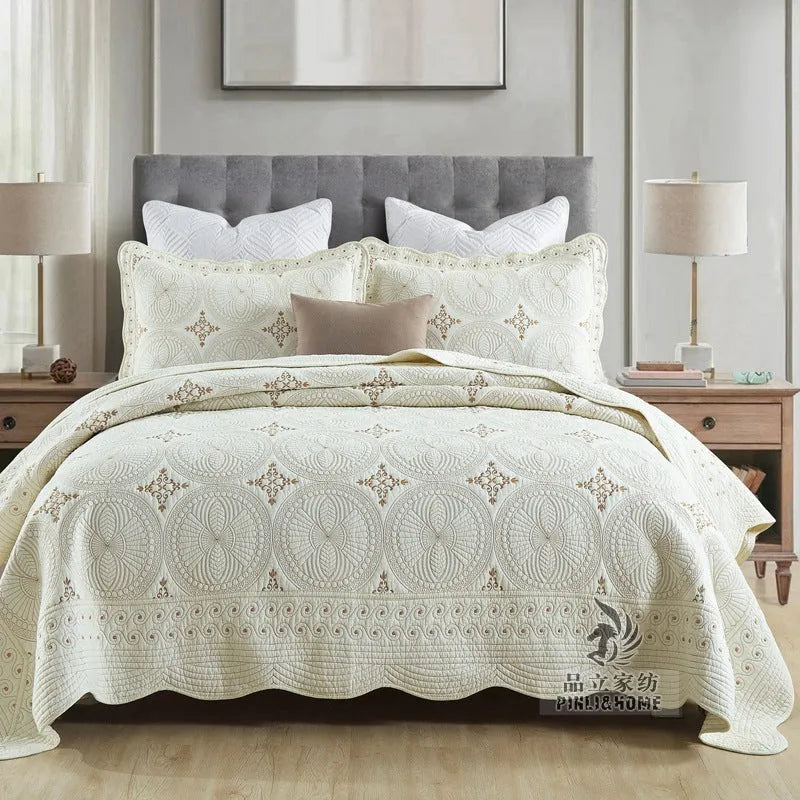 European-style pure cotton embroidery bed cover set with pillowcases for 1.8 metre beds
