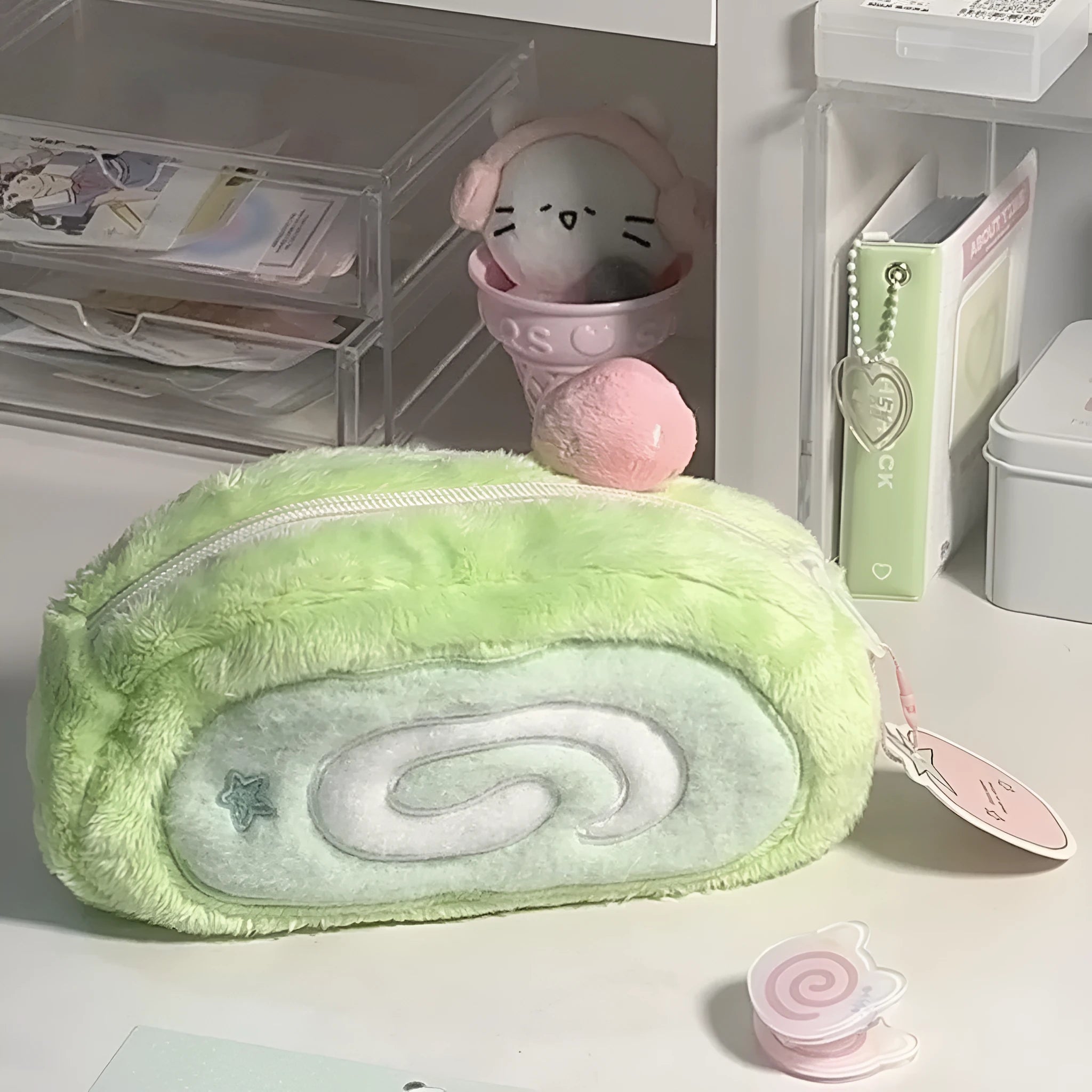 Honeydew colour Swiss roll cake design velvet pencil case in Korean style