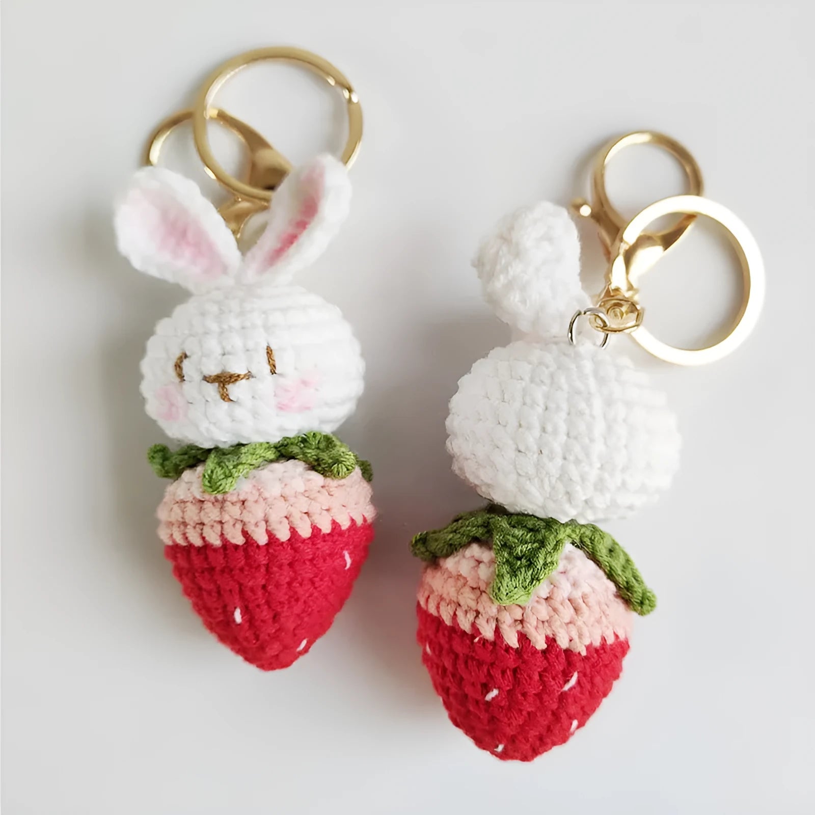 Hand-woven rabbit strawberry pendant made from four-strand doll wire with attached key