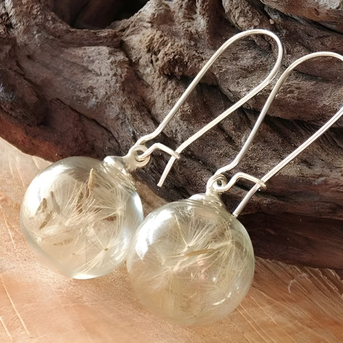 16mm transparent glass ball earrings with crystal dandelion seed detailing on French hooks