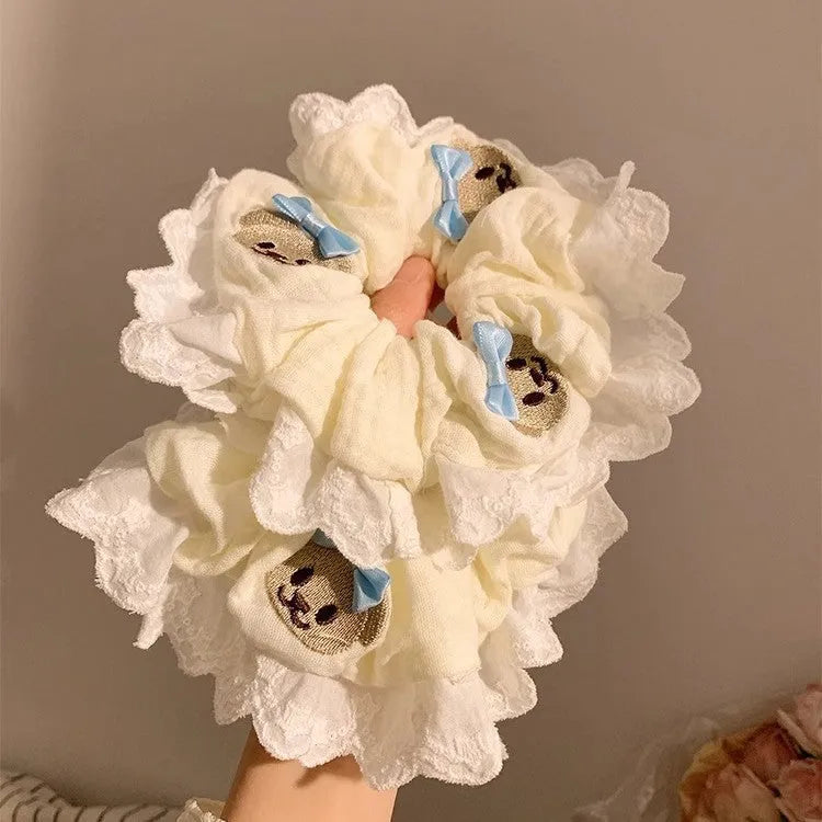 Blue bear bow lace decoration on high elasticity cloth large intestine hair ring