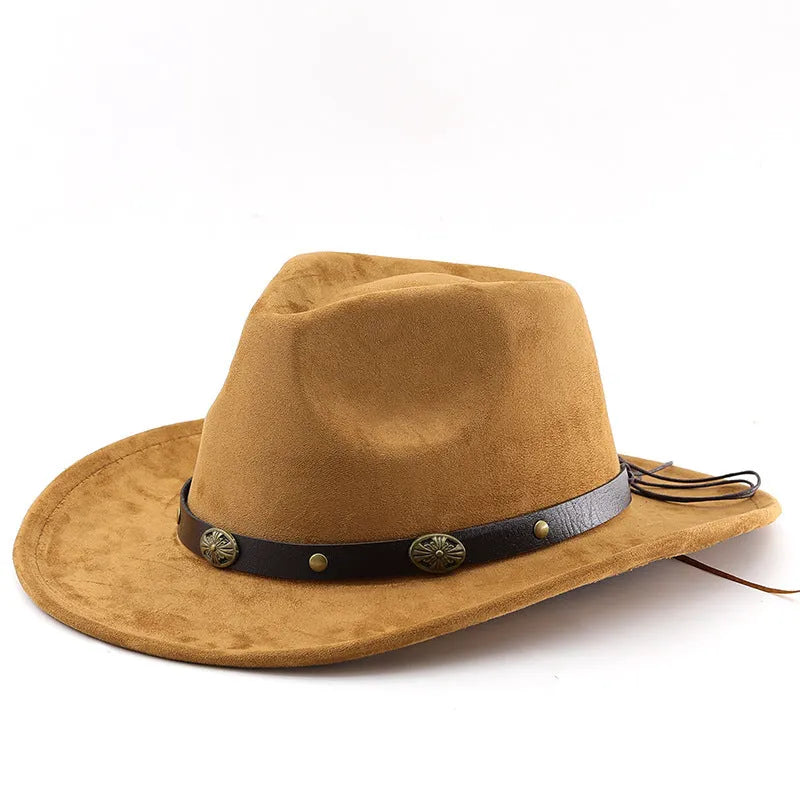 Brown leather velvet curved edge Western cowboy hat with a conical crown on a table.
