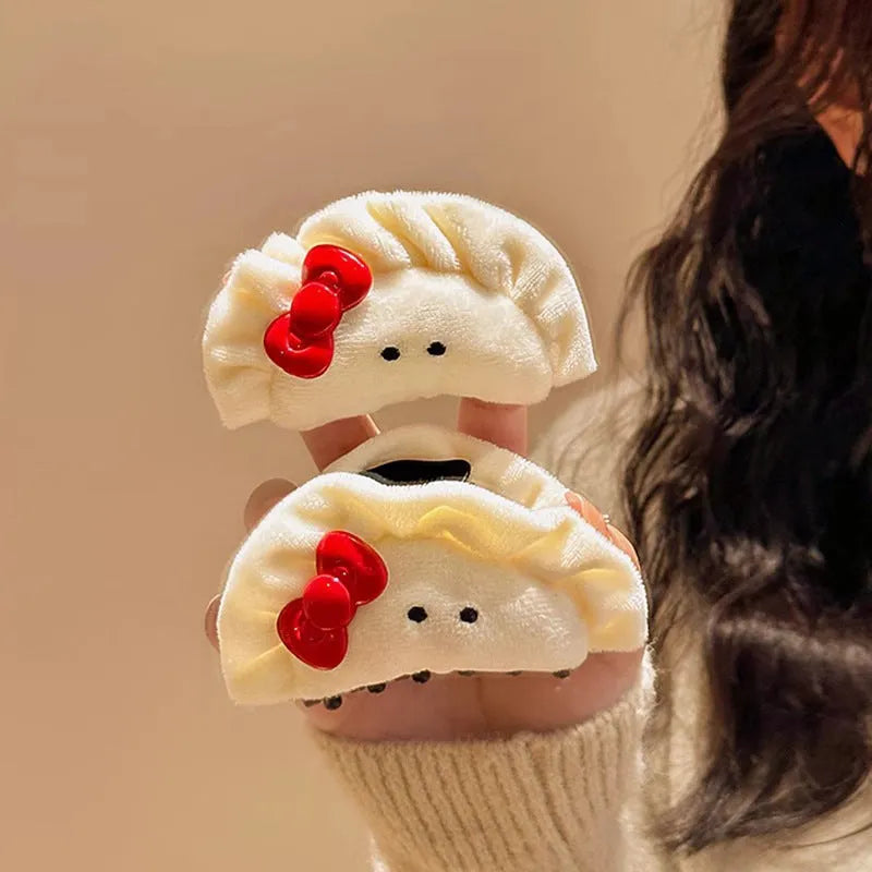 Cute plush dumpling grip barrette with bowknot for women hair accessories.