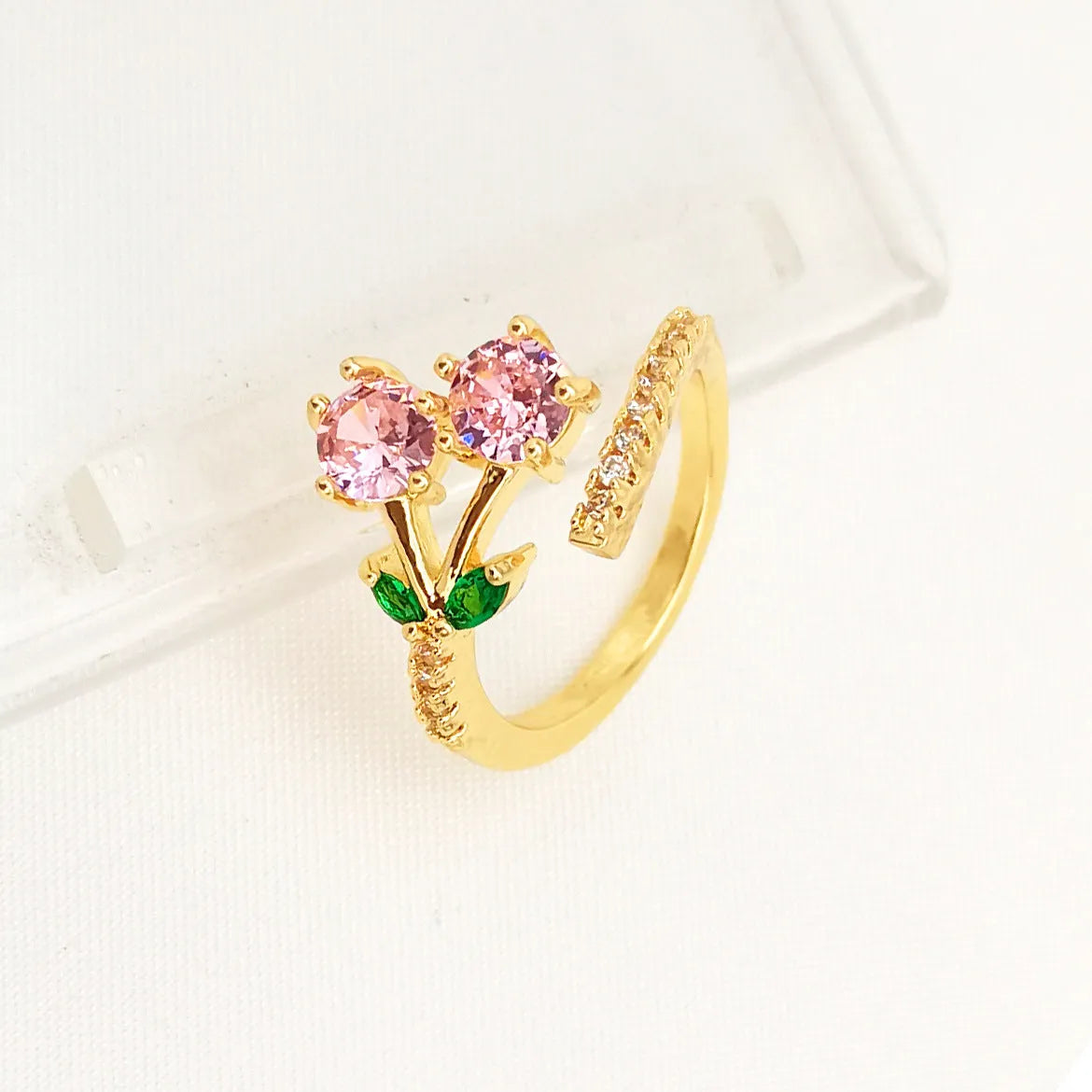 Copper gold plated open ring with micro-inlaid zircon leaf design in pink or green