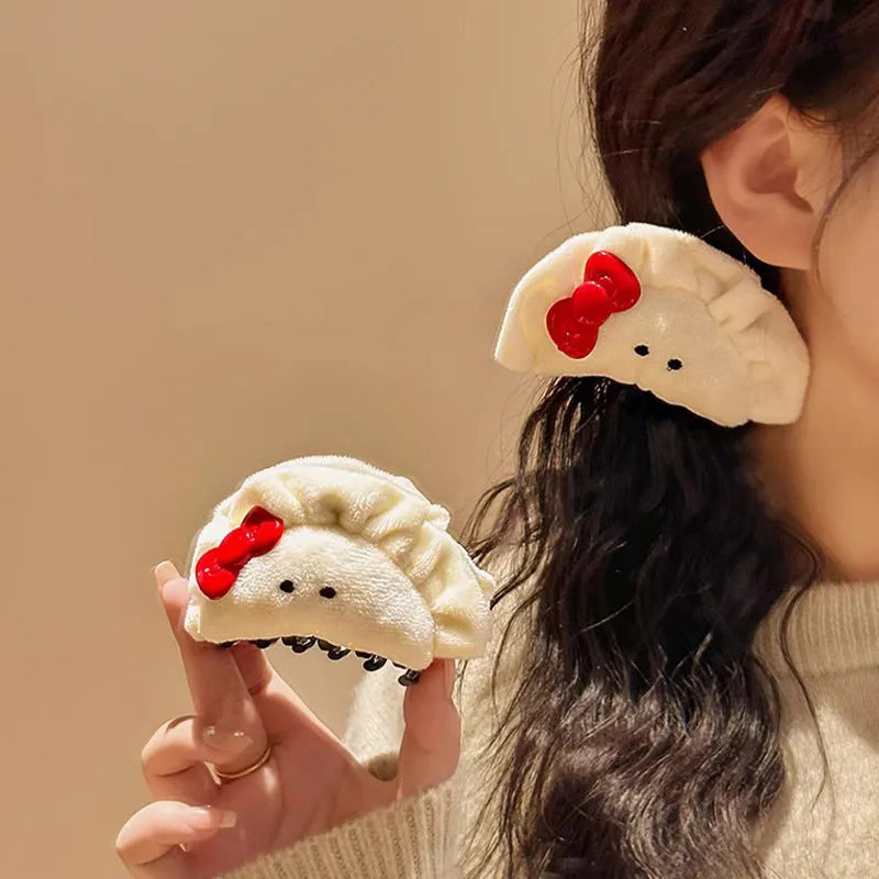 Cute plush dumpling grip barrette with bowknot for women hair accessories.