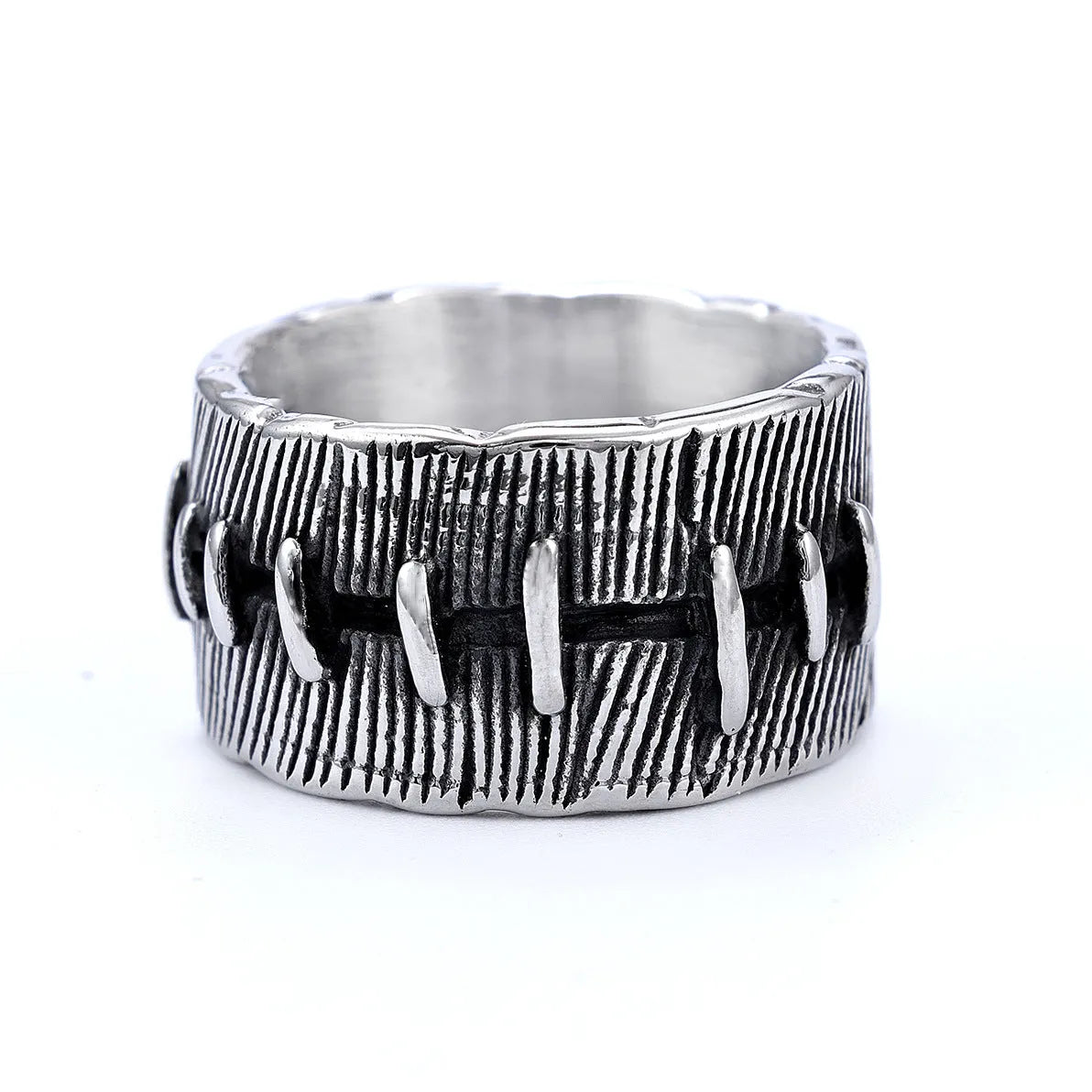 Dark geometric U-shaped titanium steel ring with double ring punk design in retro colour