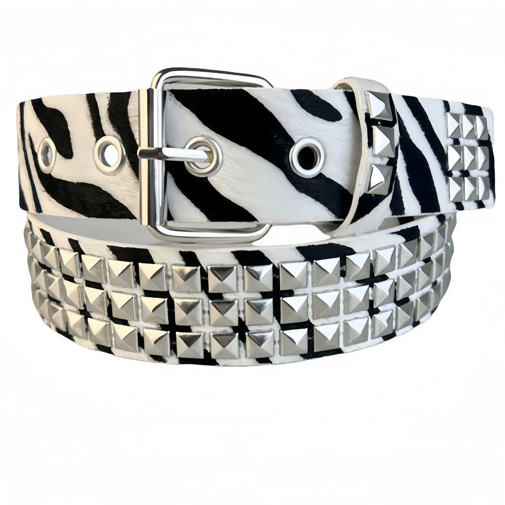 Women's punk fashion belt with metal rivets on a brown leopard print PU leather strap and alloy buckle.