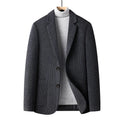 Men's slim-fit wool suit jacket in grey, shown on a hanger.