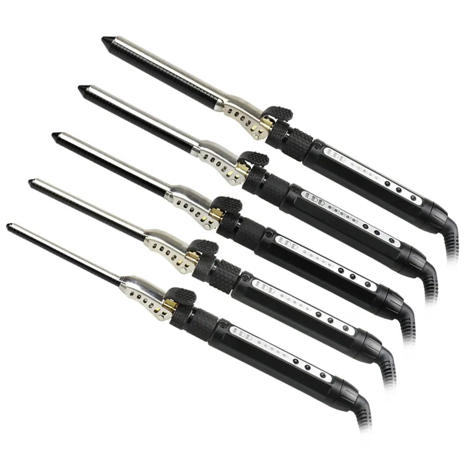 Black 7mm small hair curler with rotatable clip on a flat surface
