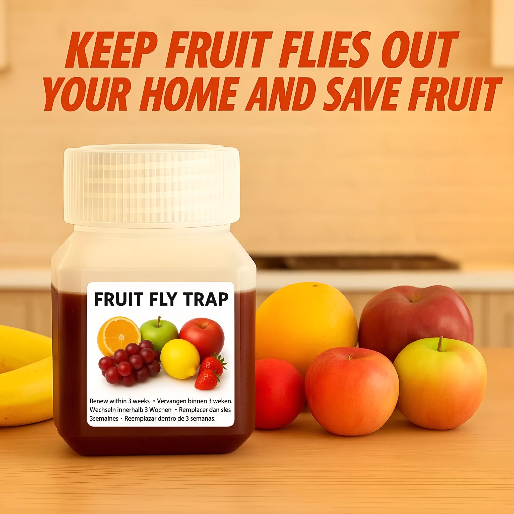 Bottle of fruit fly bait liquid for homemade traps with SK003 specifications