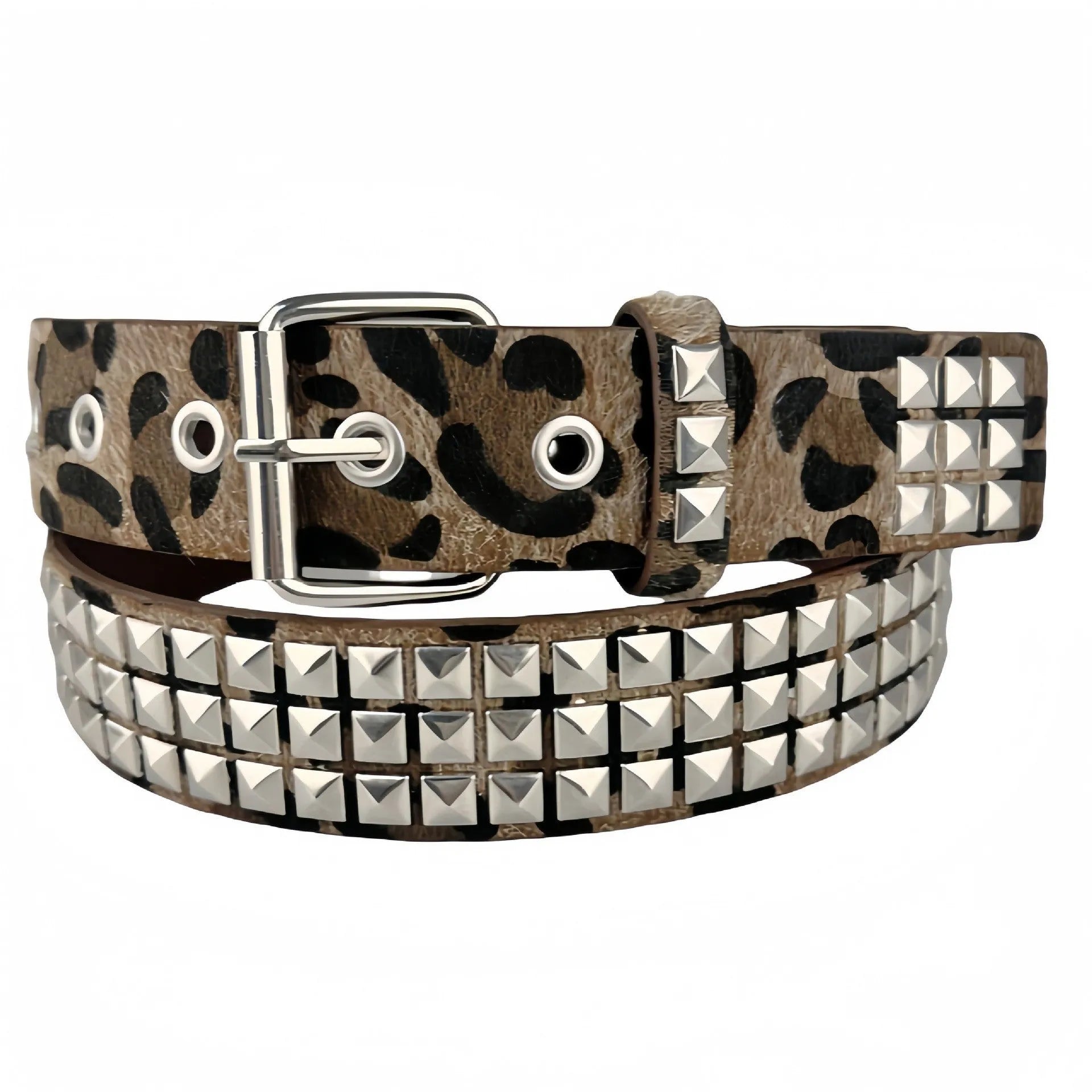 Women's punk fashion belt with metal rivets on a brown leopard print PU leather strap and alloy buckle.