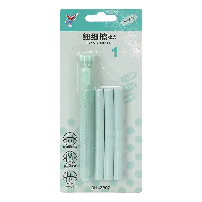 Push-type automatic eraser in four colours: blue, green, pink, purple on white background.