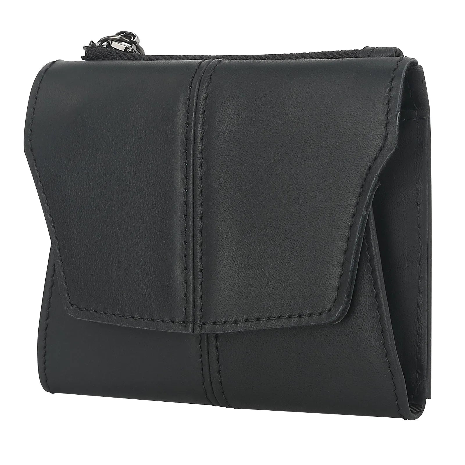 Genuine leather coin purse with stitching details in brown colour showing RFID protection feature