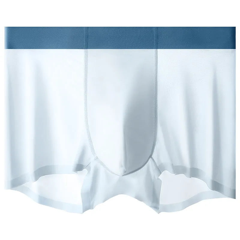 Men's ice silk graphene antibacterial shorts in light blue shown flat, highlighting seamless knit and mid-waist design.