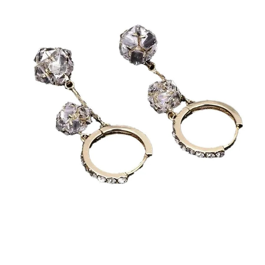 Silver drop shape earrings with tassel ball, rhinestone ball, and confession balloon pendant design