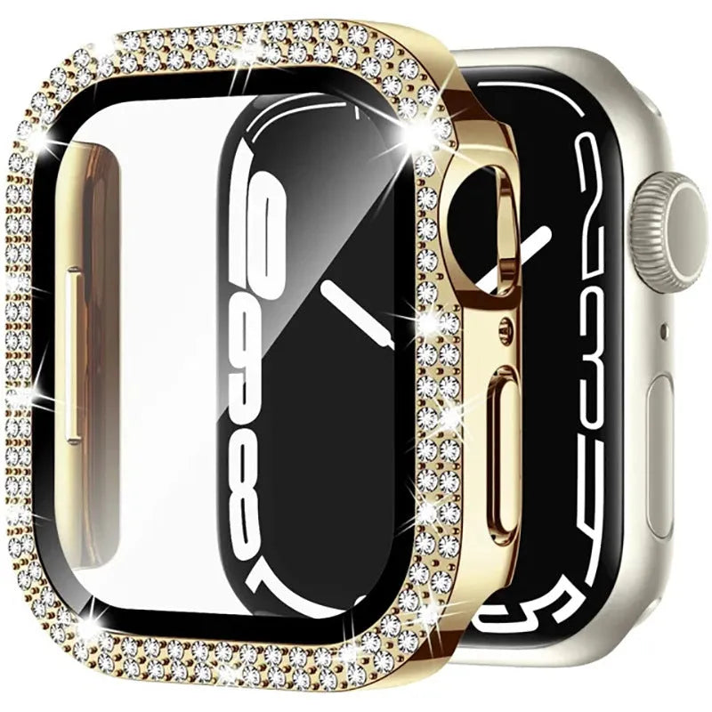 Apple Watch case with double diamond glass screen protector in rose pink colour for a 44mm model.