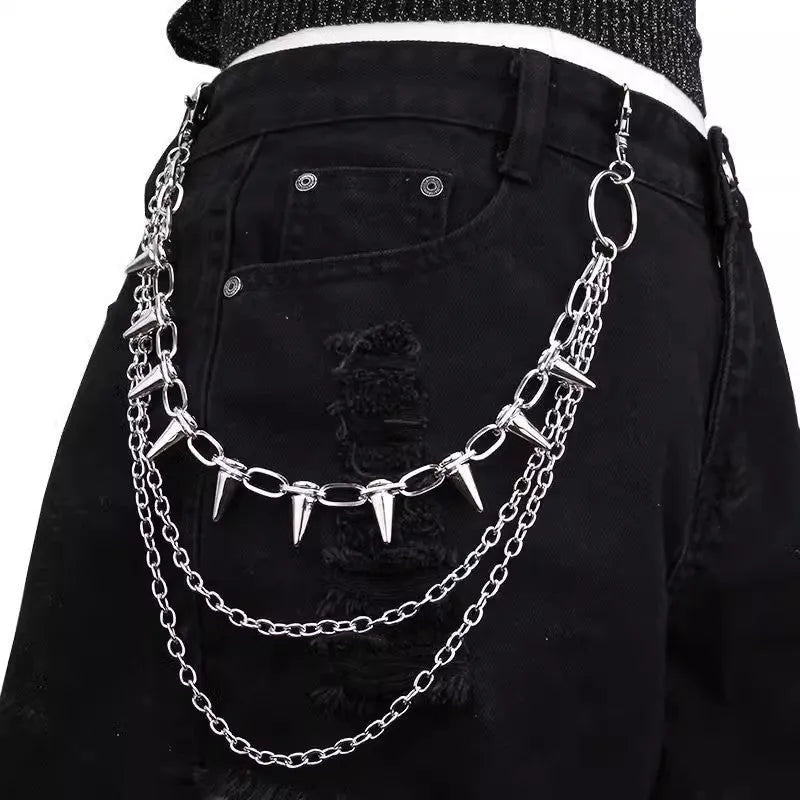 Silver metal trousers chain with double layer design and rivet detailing for punk hip hop style