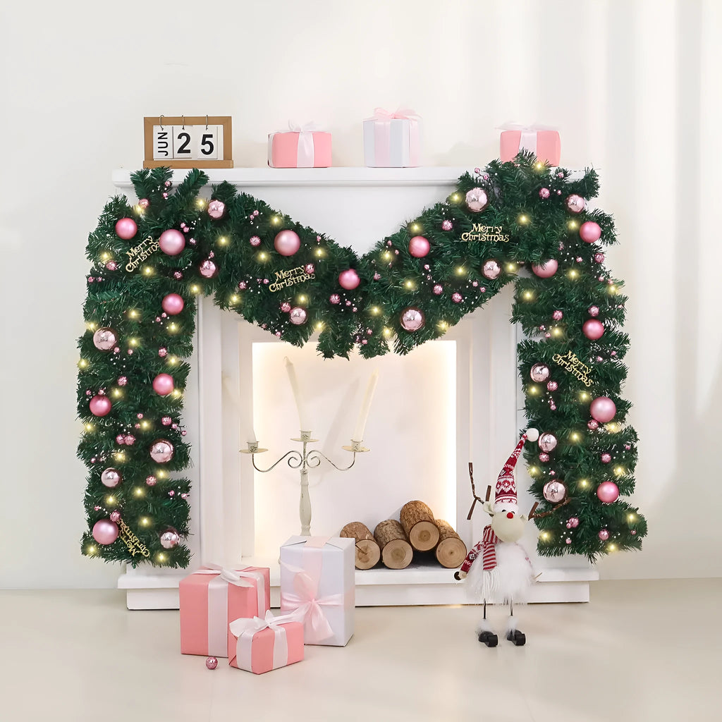 A 2.7-metre long pink Christmas rattan decoration with 240 small decorative heads, styled in a South Korea aesthetic.