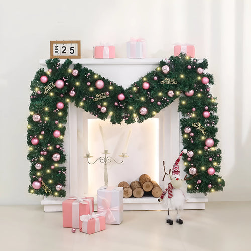 A 2.7-metre long pink Christmas rattan decoration with 240 small decorative heads, styled in a South Korea aesthetic.