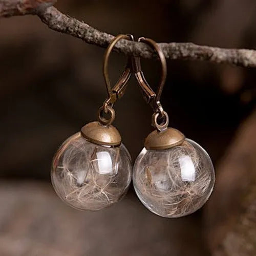 16mm transparent glass ball earrings with crystal dandelion seed detailing on French hooks