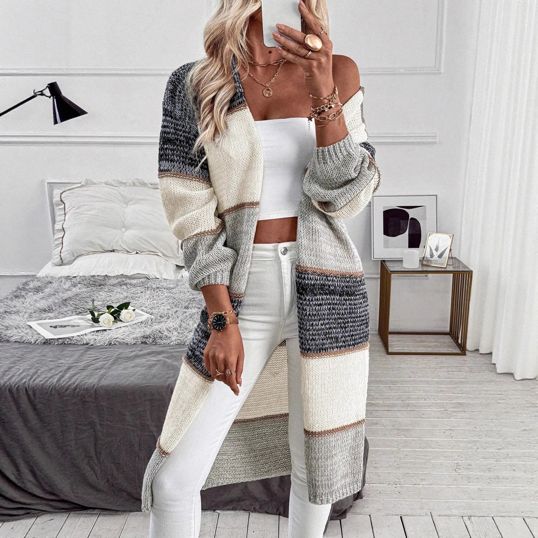 Grey women's loose fit knitted long sleeve cardigan with striped or plaid pattern