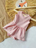 Baby girl cotton waffle sleeveless vest onesie in ying pink, triangle jumpsuit style
