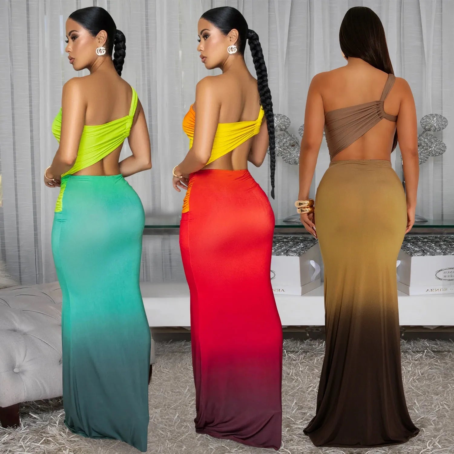 Women's gradient colour cross-shoulder summer dress in polyester, shown in a high-waist long skirt style.