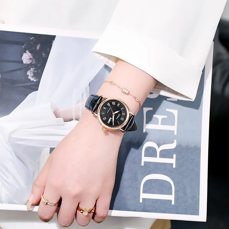Women's fashion automatic mechanical watch with choice of steel or leather strap.