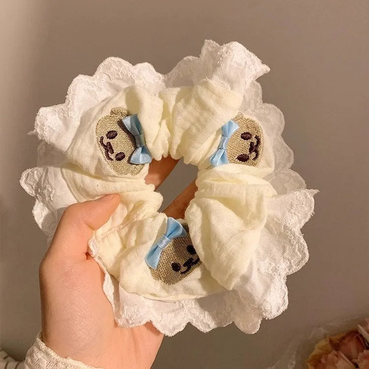 Blue bear bow lace decoration on high elasticity cloth large intestine hair ring