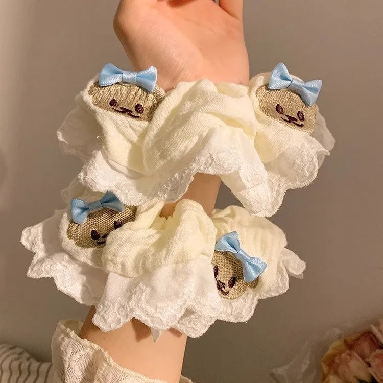Blue bear bow lace decoration on high elasticity cloth large intestine hair ring