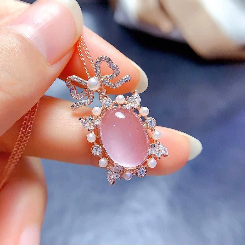 Geometric rose quartz pendant necklace with 925 silver and rose gold plating