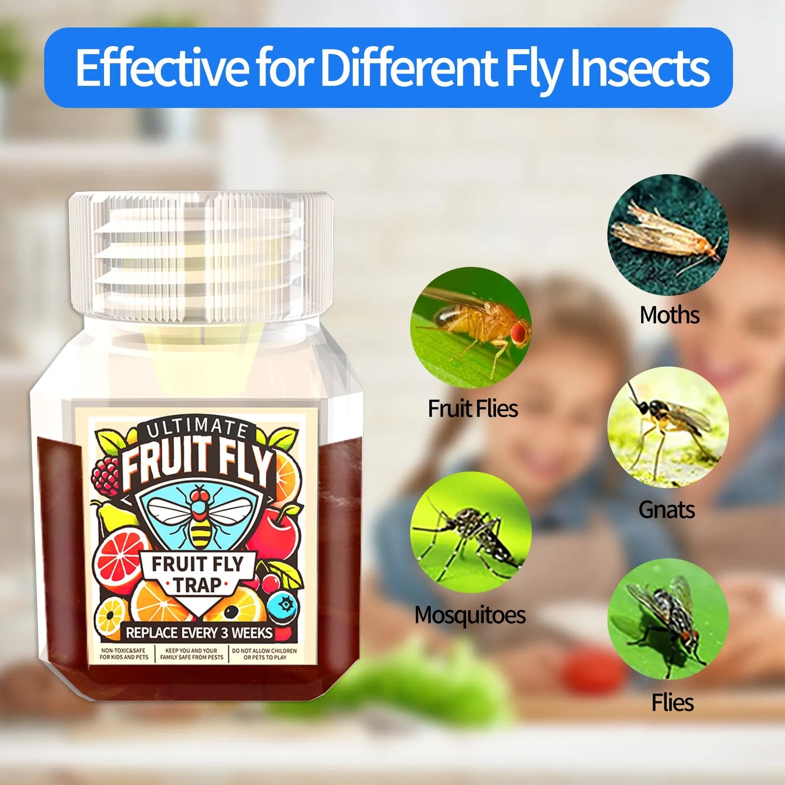 Bottle of fruit fly bait liquid for homemade traps with SK003 specifications