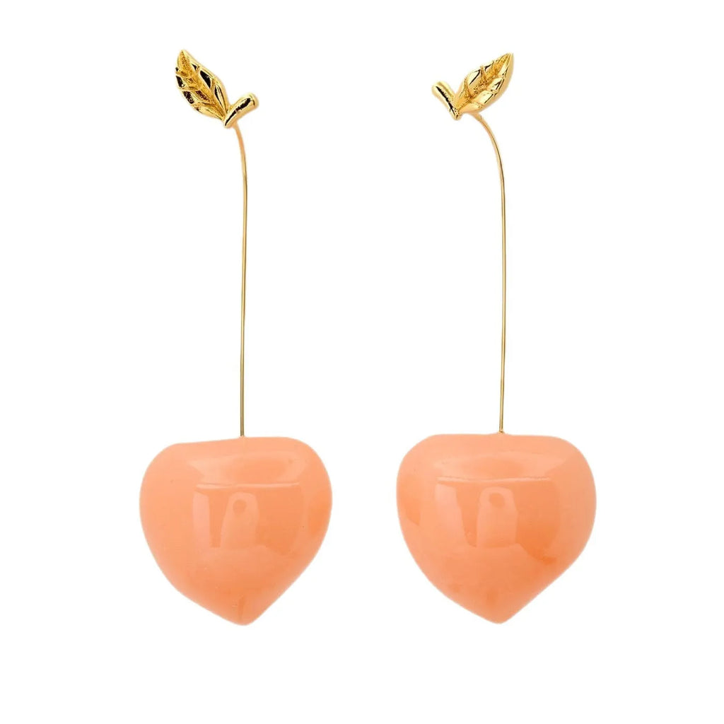 Gold plated copper earrings with detailed carrot, orange, blueberry, chilli, lemon, olive, and peach designs.