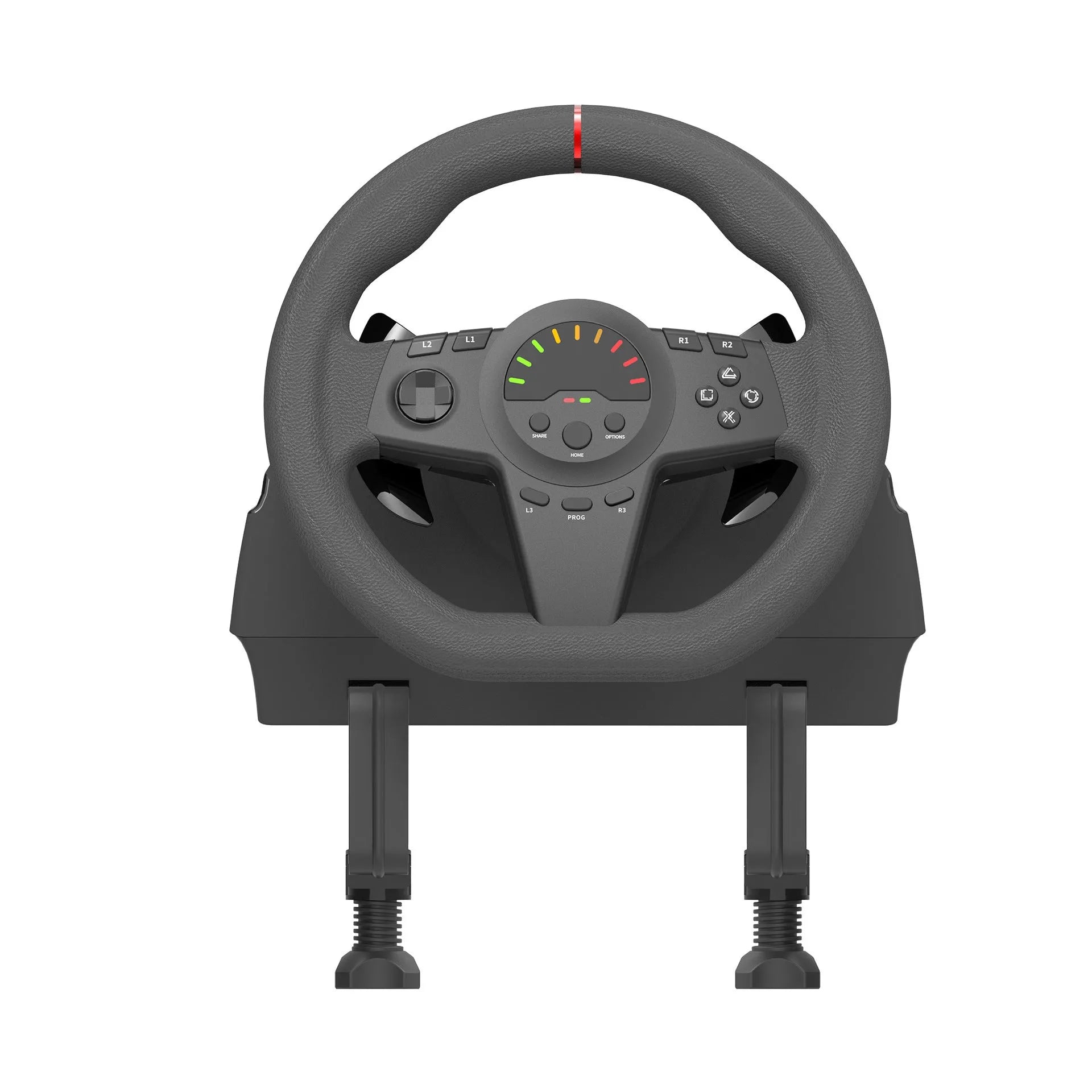 Black gaming steering wheel with two pedals and mounting bracket for multi-platform racing games