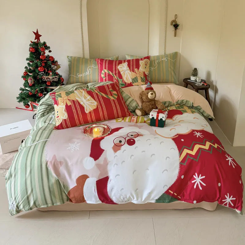 Christmas style four-piece bedding set with Gingerbread Man cartoon print on super soft washed cotton