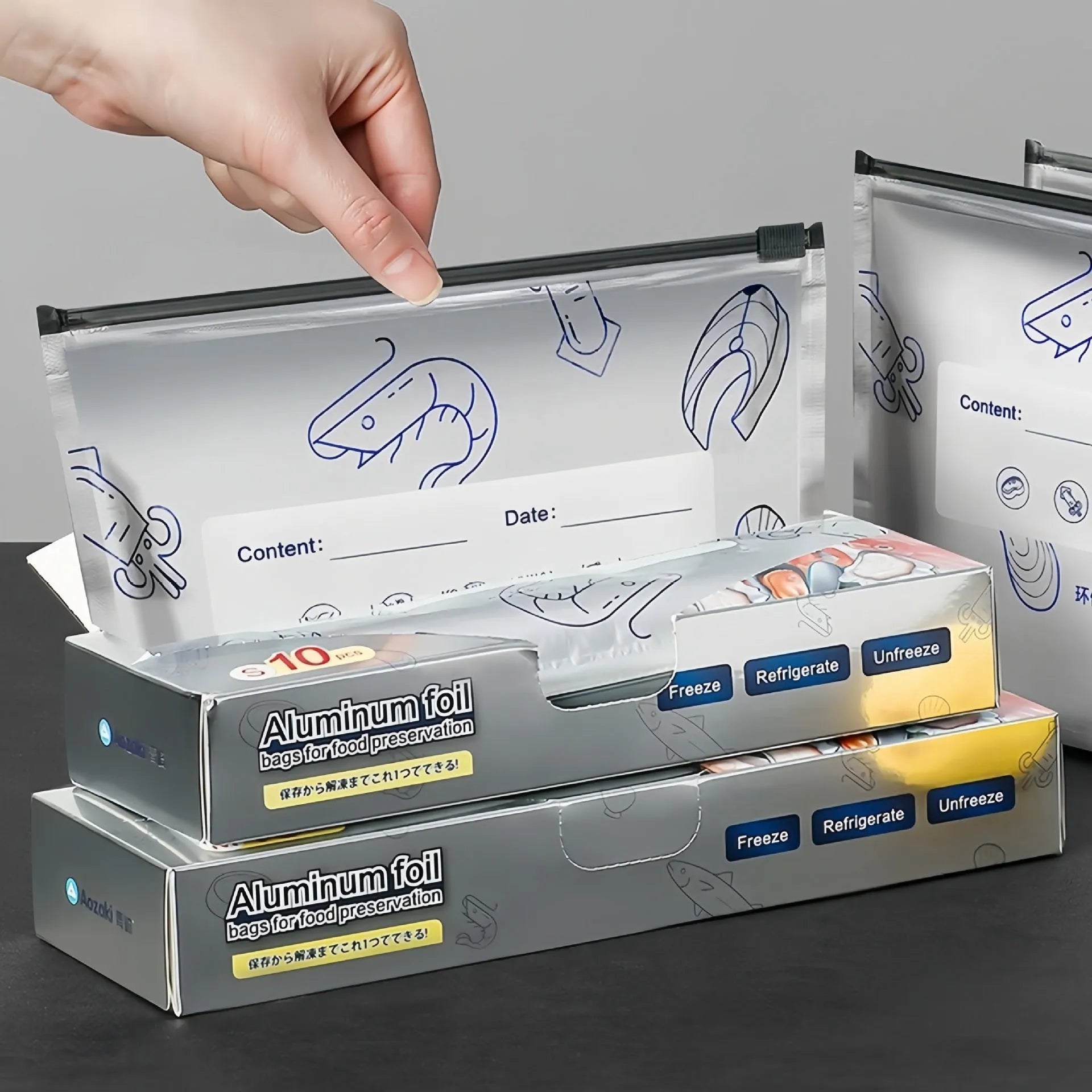 Aluminium foil sealed storage bags in small, medium, and large sizes with zip closure