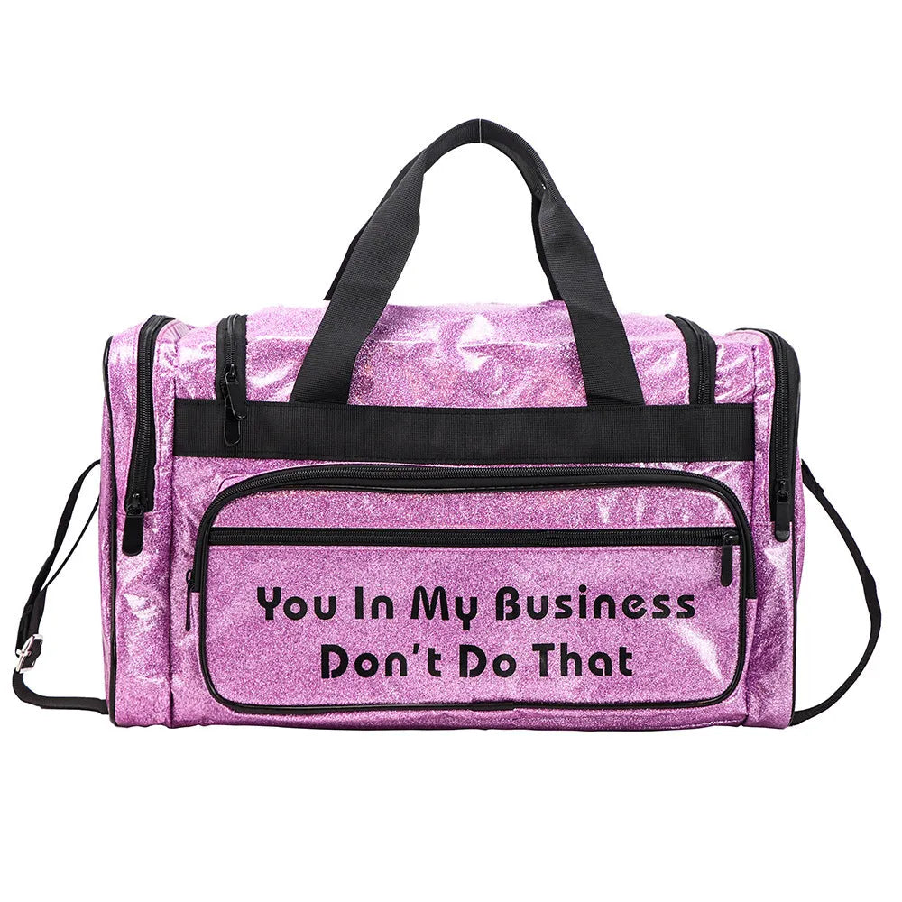 Large silver PU leather sports handbag with letter design for yoga and fitness