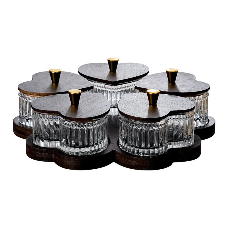 Glass fruit platter with coloured glaze and transparent heart-shaped lids in a 4-grid configuration.