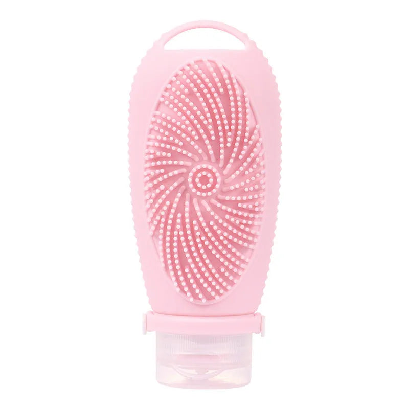 Silicone bath brush storage bottle in various colours showing 100ml capacity for bathroom organisation.