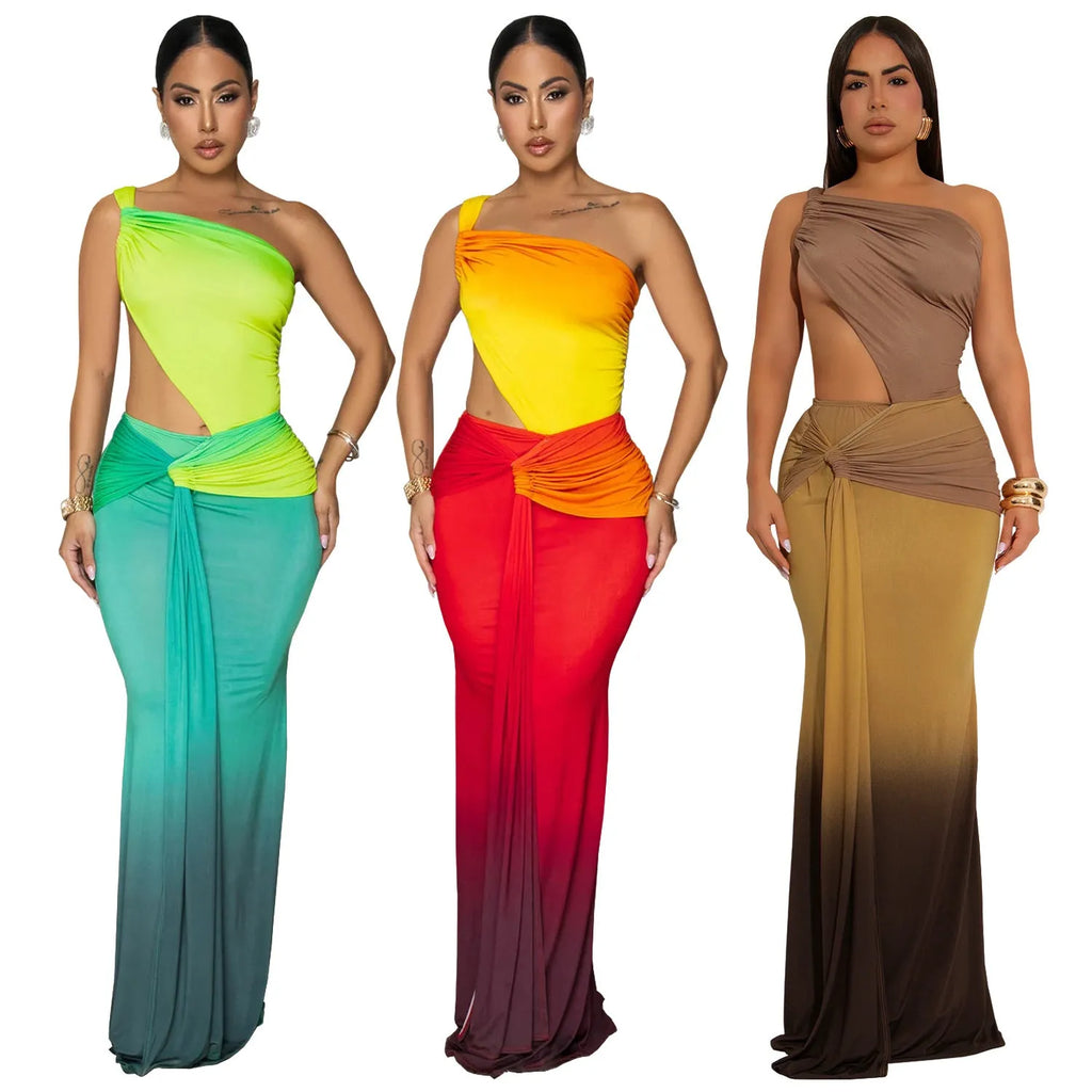 Women's gradient colour cross-shoulder summer dress in polyester, shown in a high-waist long skirt style.